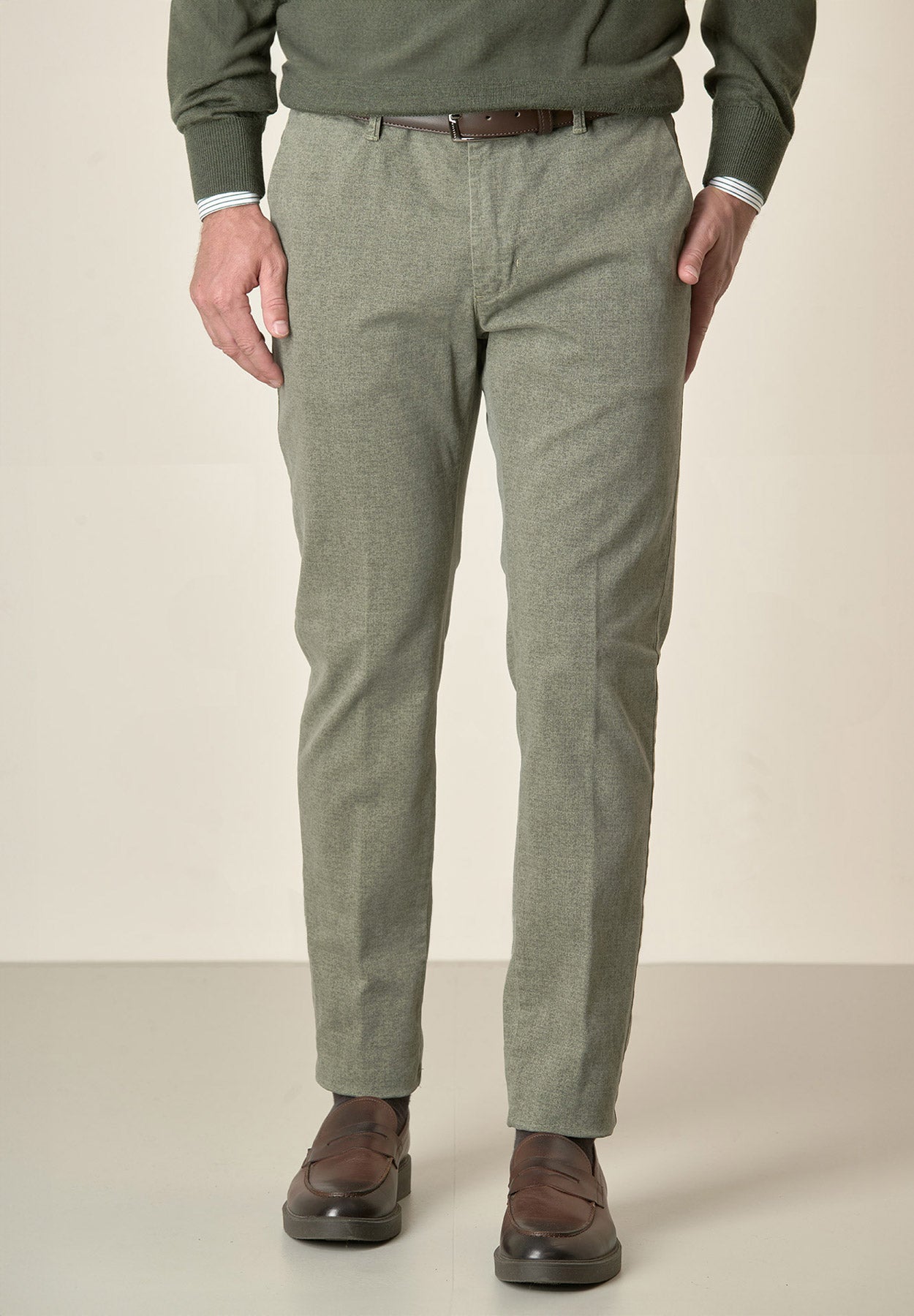 Pantalone verde salvia effetto lana cotone stretch slim fit-Angelico