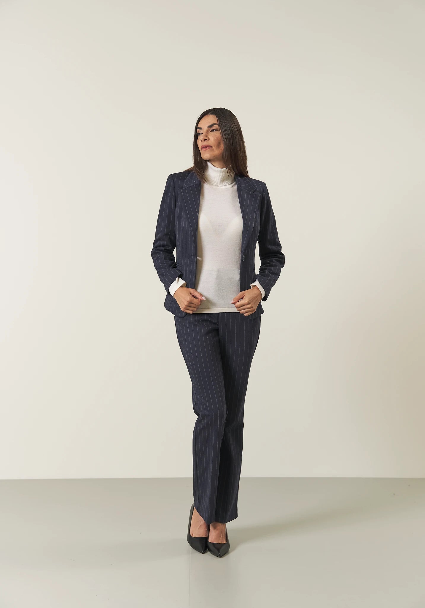 Pantalone blu tessuto gessato zampa