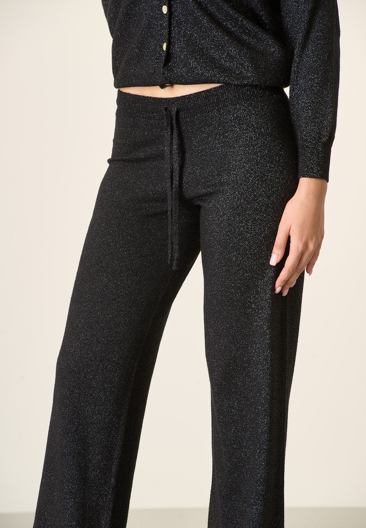 Pantalone nero lurex in maglia con coulisse-Angelico