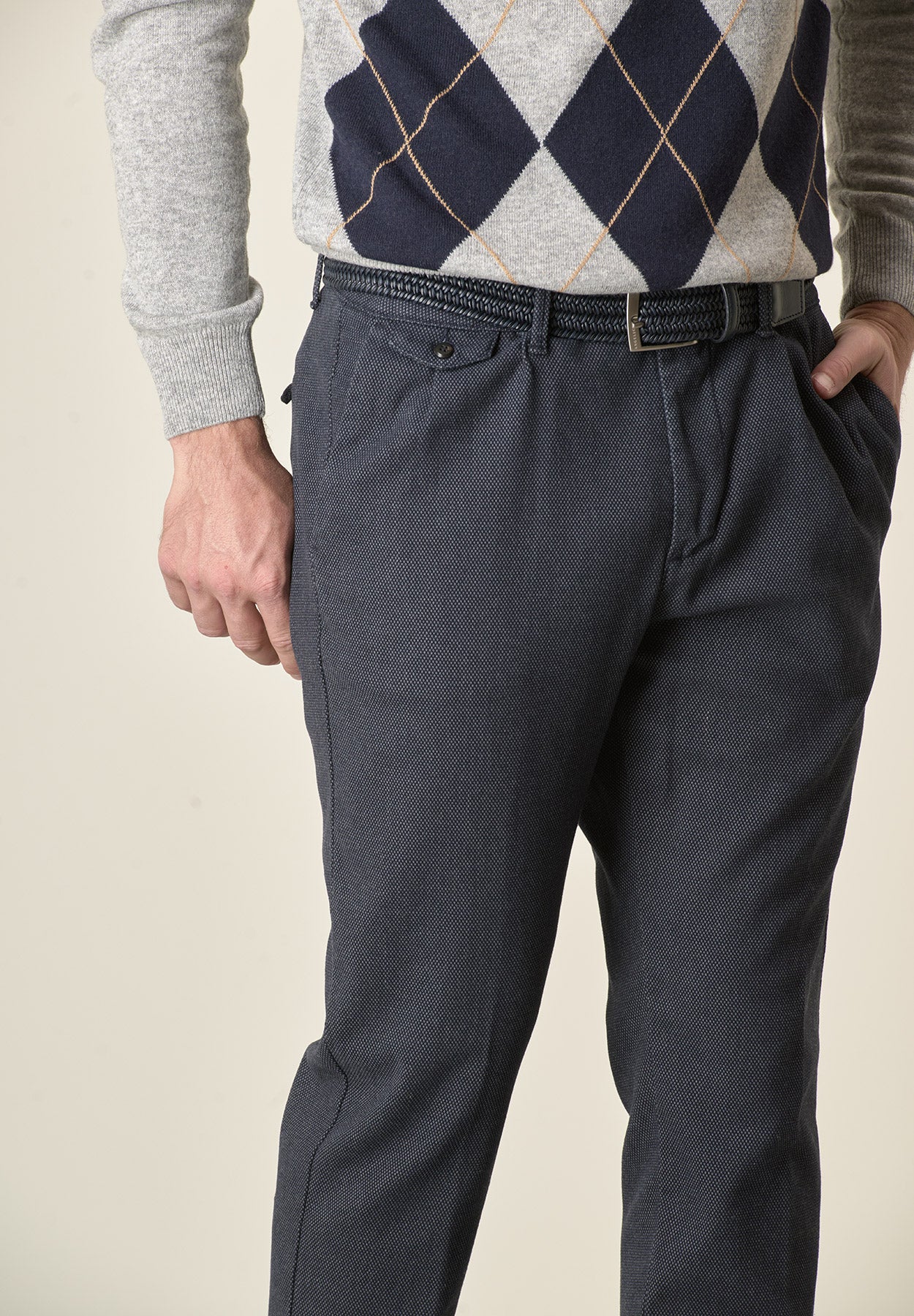 Pantalone blu microdisegno doppia pinces slim fit-Angelico