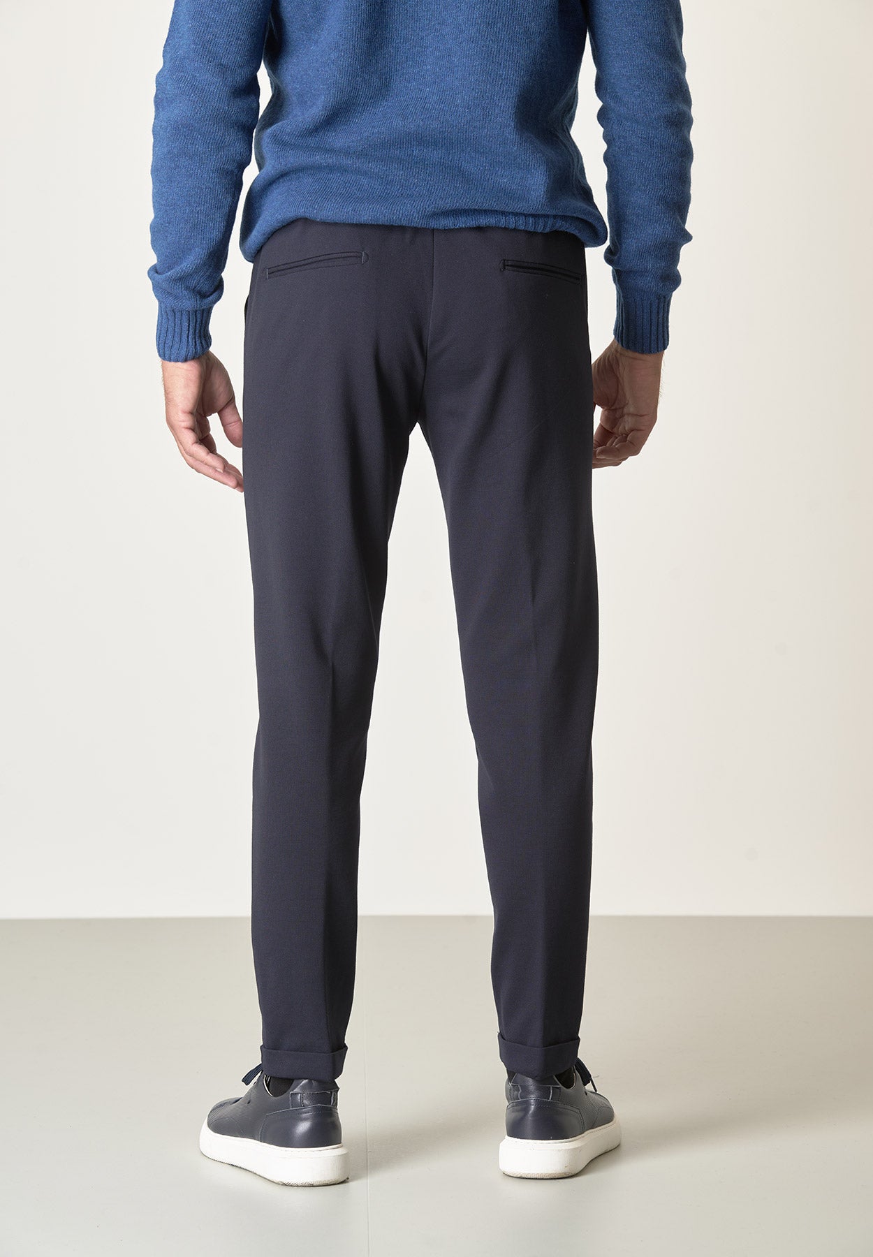 Pantalone blu punto milano con coulisse slim fit-Angelico