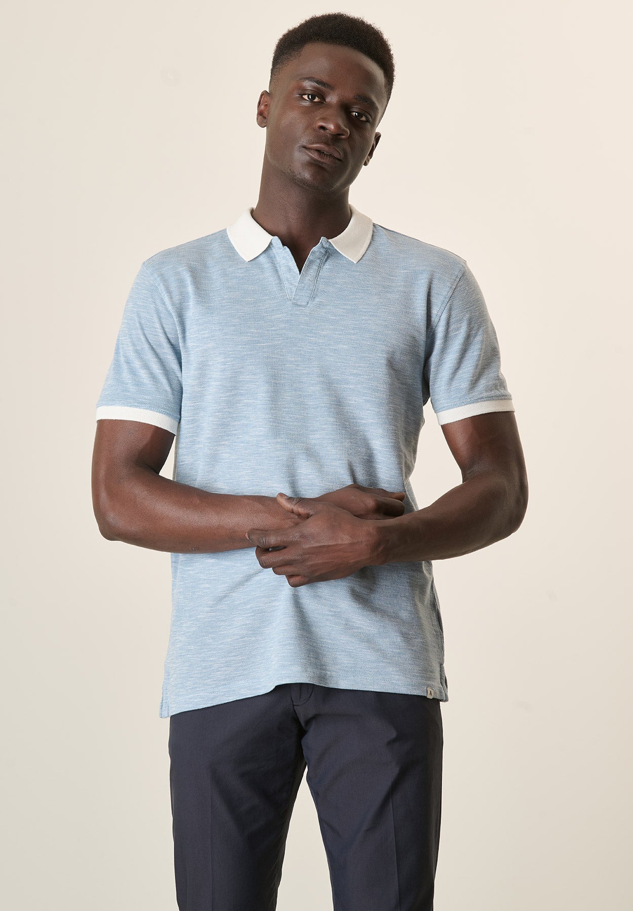 Polo azzurro cotone slub derby