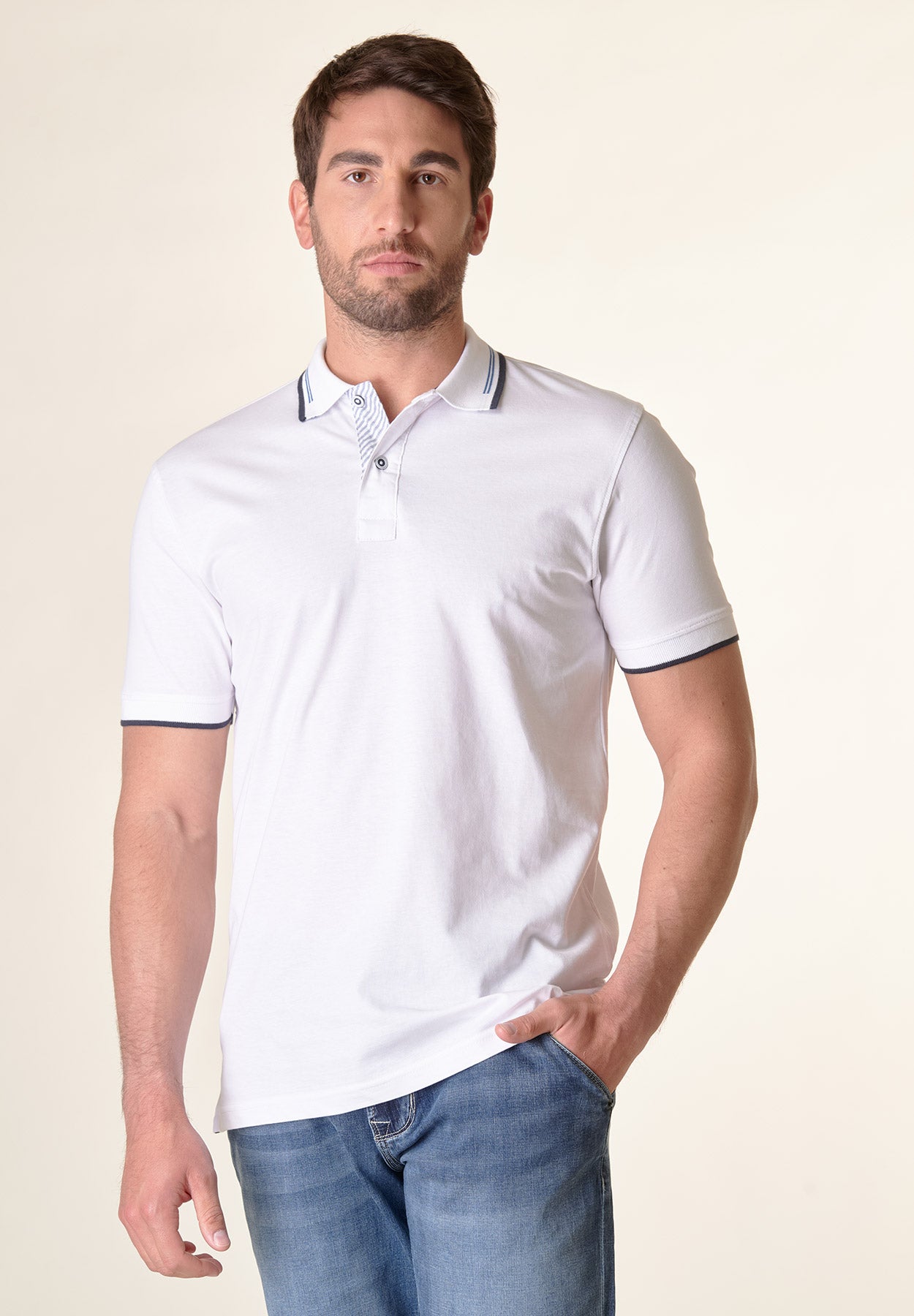 Polo bianca jersey cotone dettaglio righe-Angelico