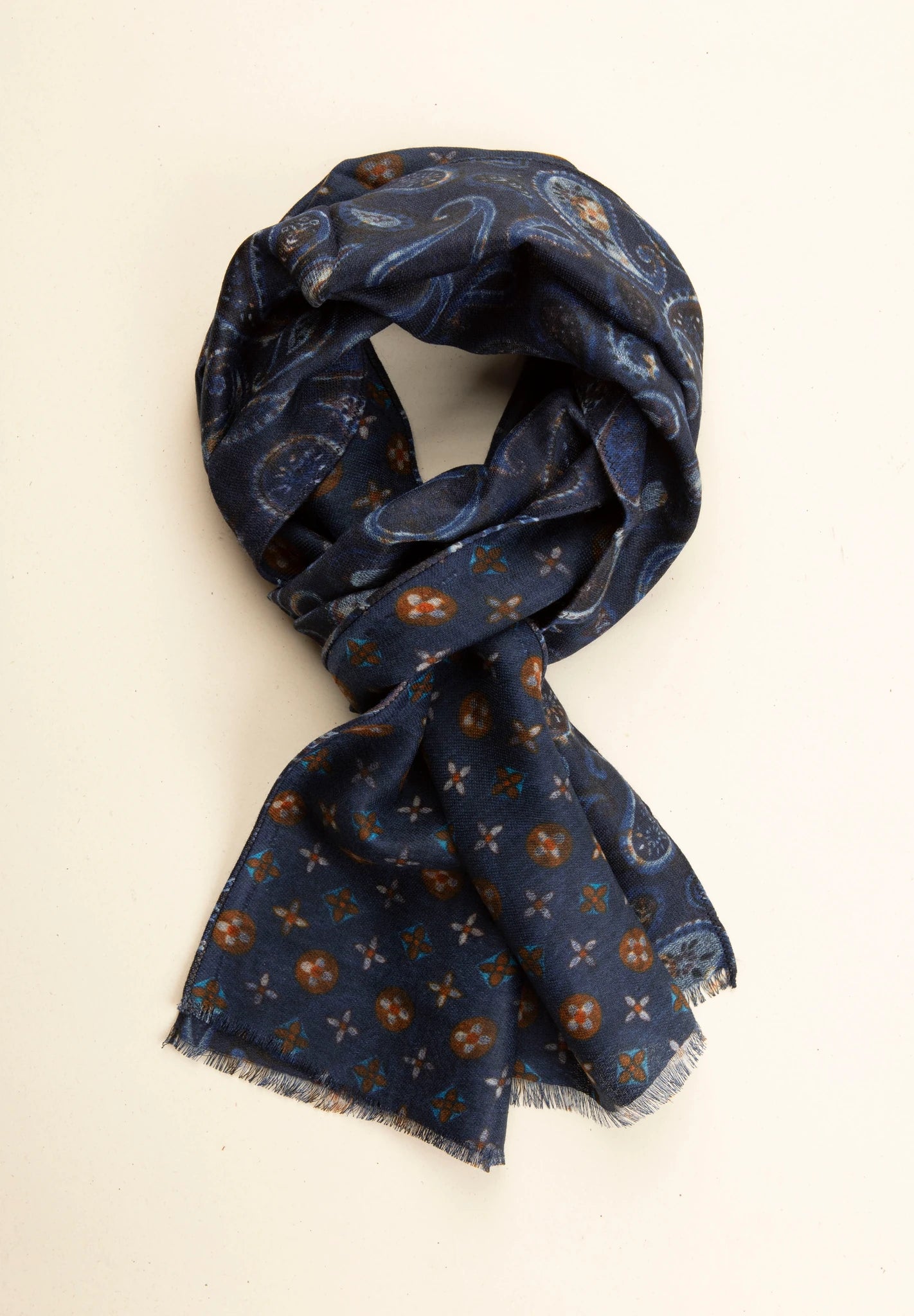 Sciarpa lana blu navy fantasia paisley azzurro rosso