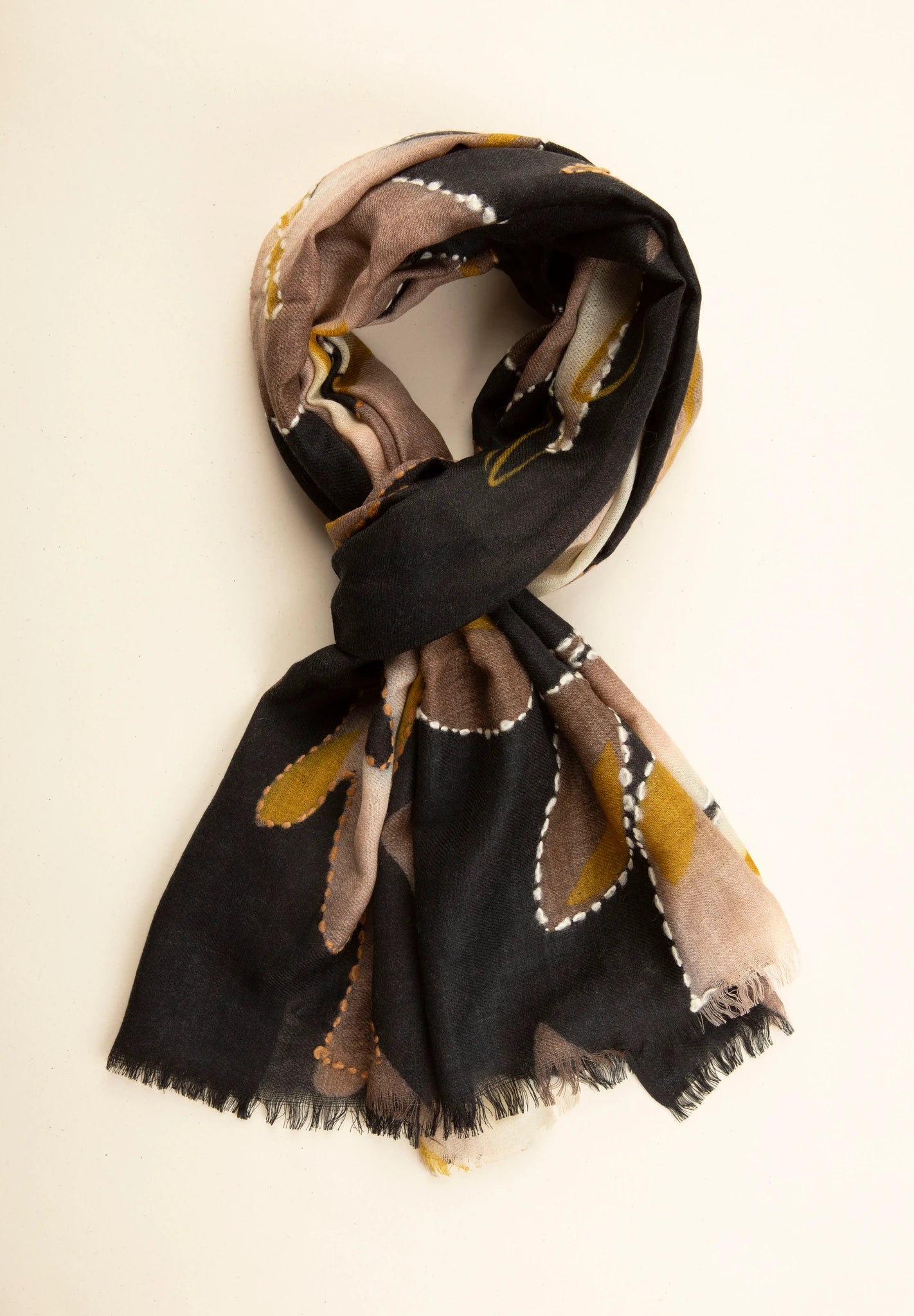Sciarpa blu notte lana fantasia astratta marrone panna