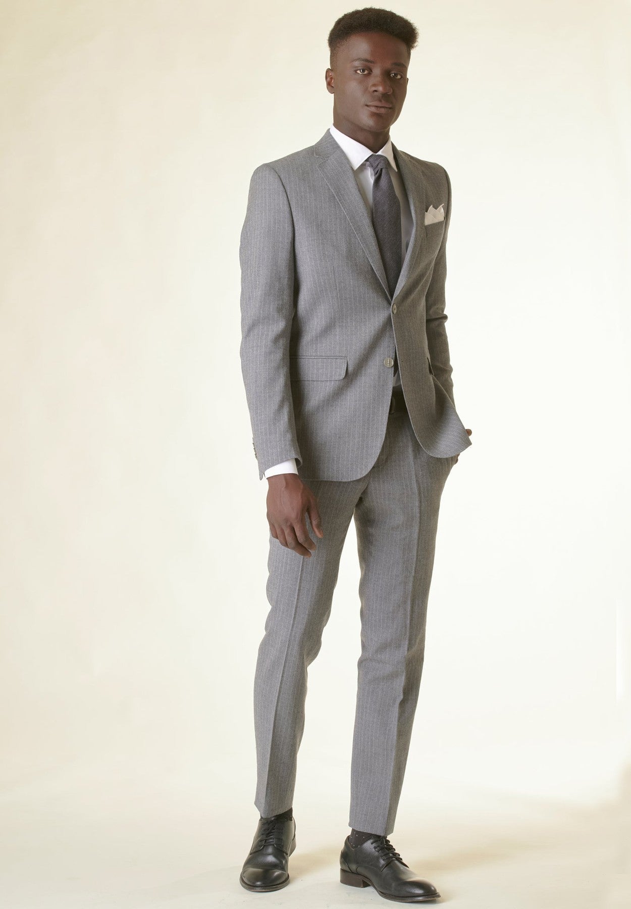 Light grey pinstripe suit in stretch wool custom fit Angelico 1