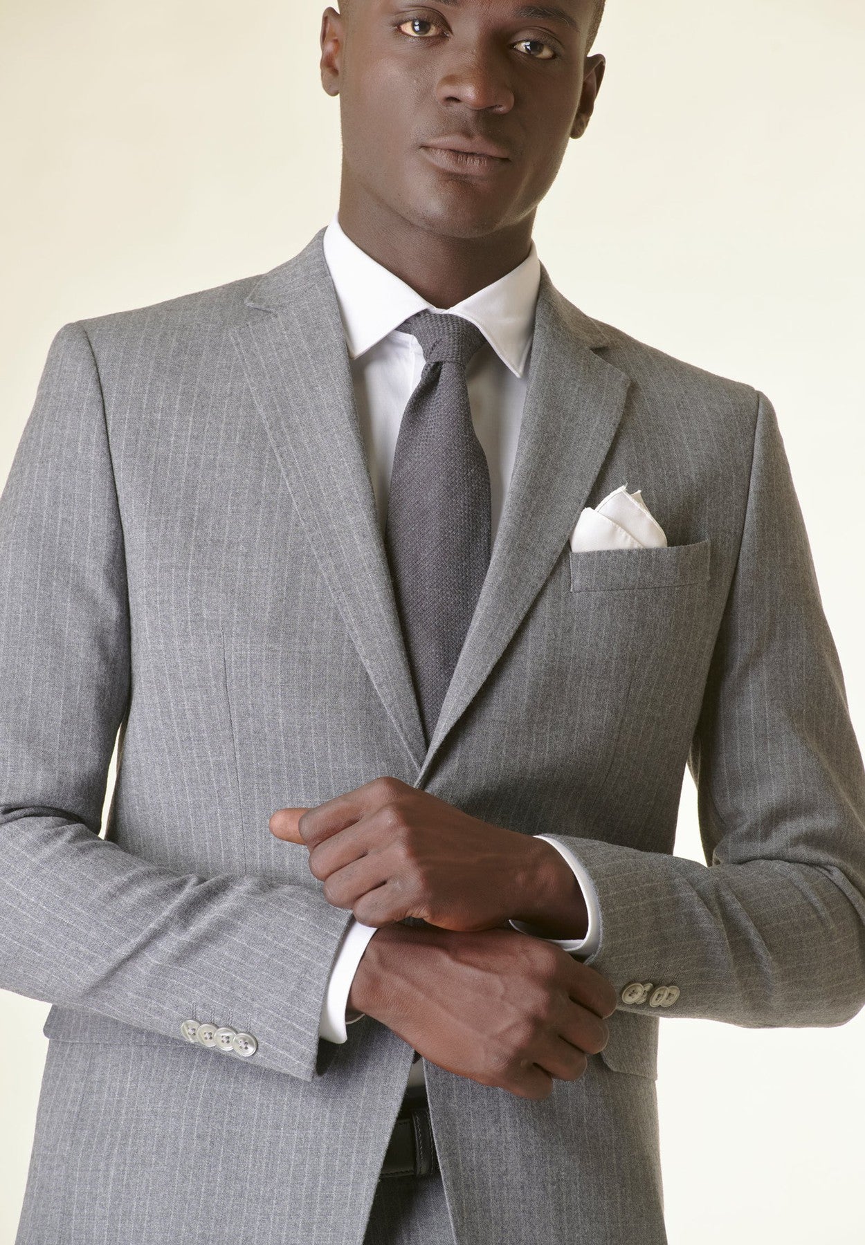 Light grey pinstripe suit in stretch wool custom fit Angelico 2