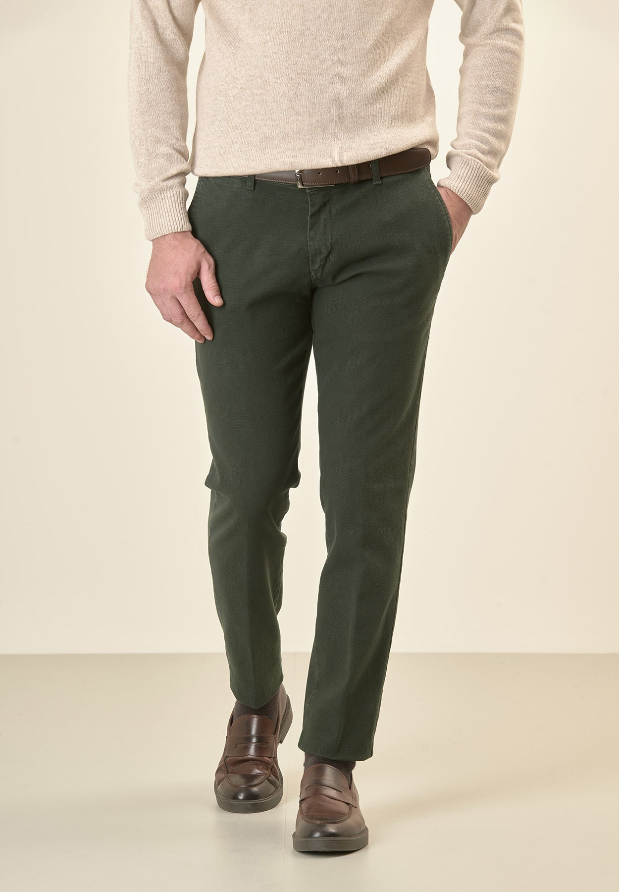 Pantalone verde microstruttura cotone stretch slim fit-Angelico