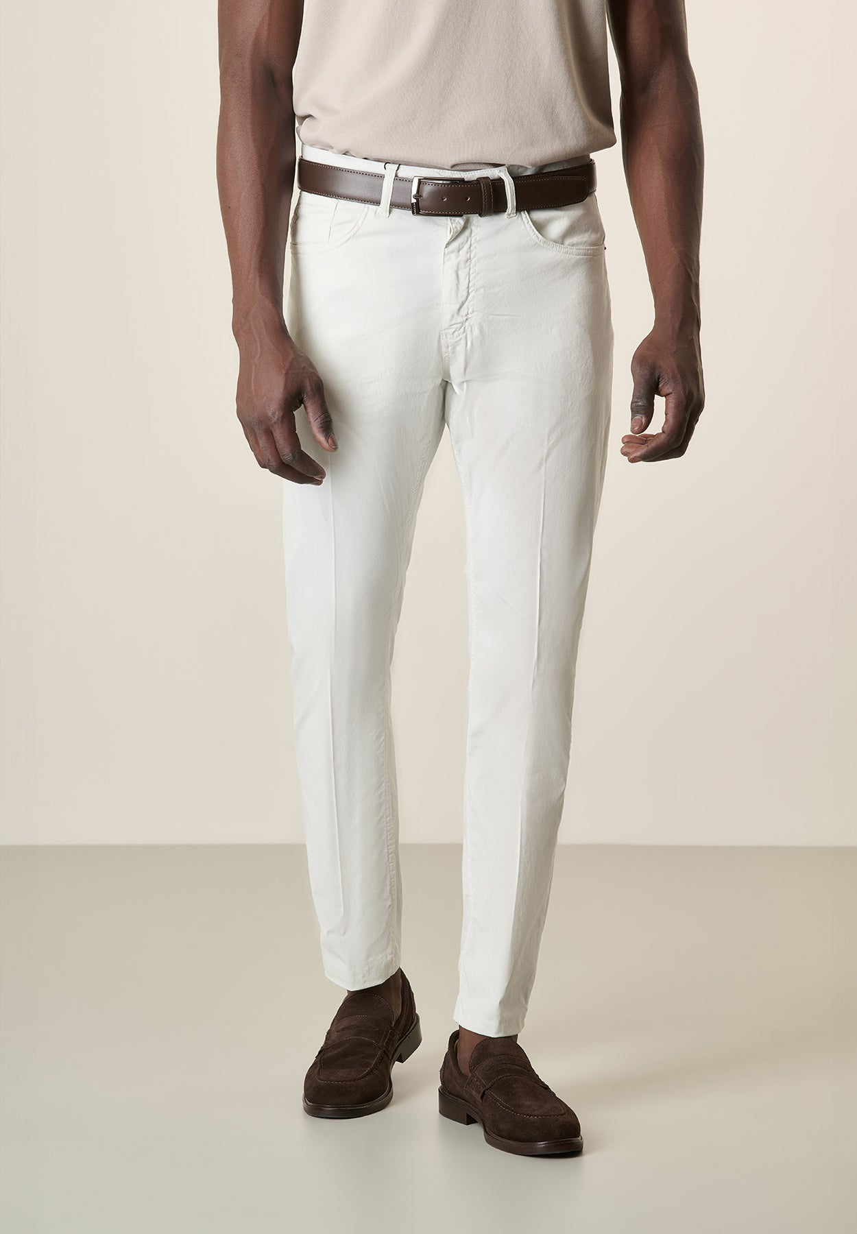 Cremefarbene Hose 5 Taschen Gabardine Baumwolle Stretch Slim Fit