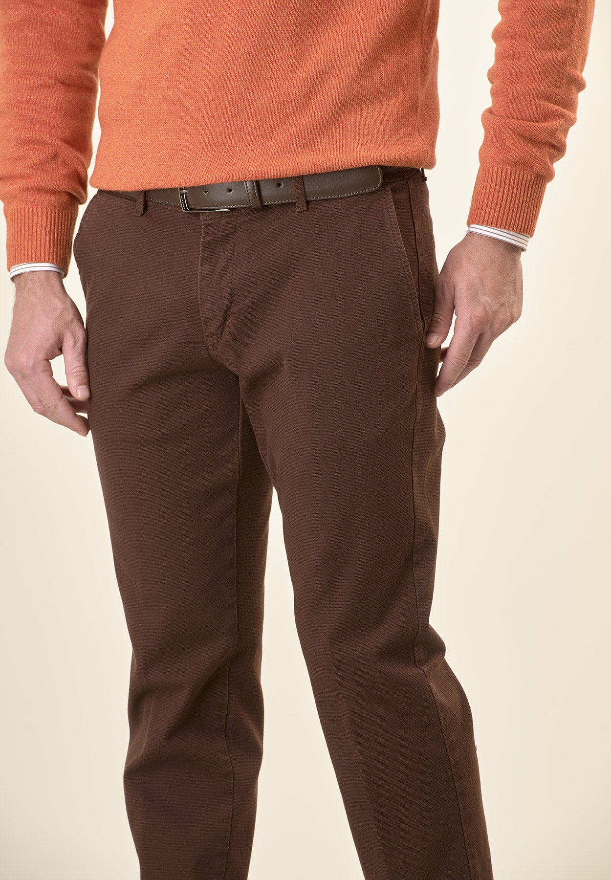 Pantalone marrone microstruttura cotone stretch slim fit-Angelico