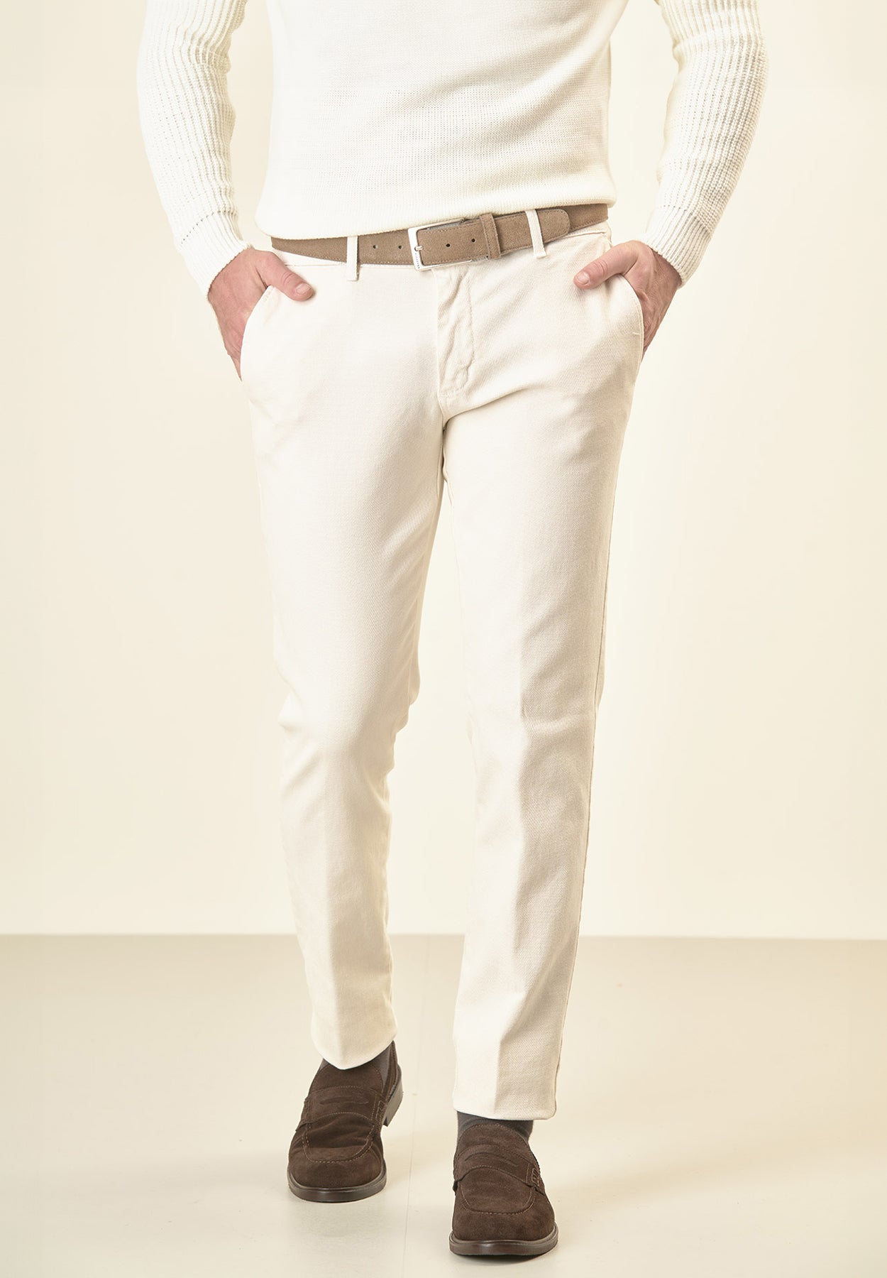 Pantalone panna microstruttura cotone stretch slim fit Angelico 1