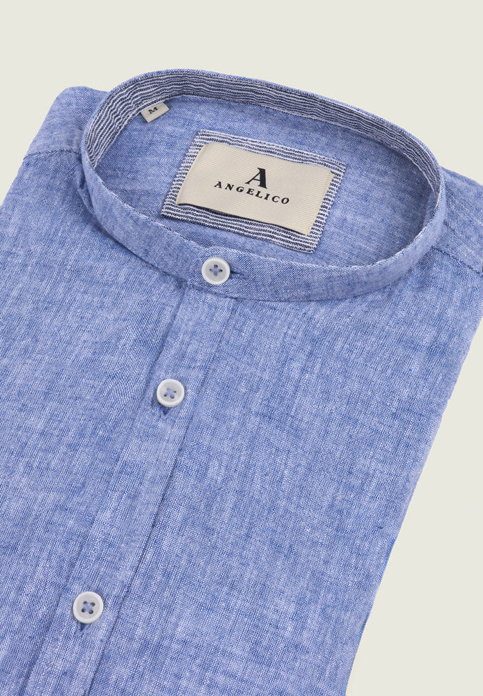Blue Linen Blend Slim Fit Korean Shirt