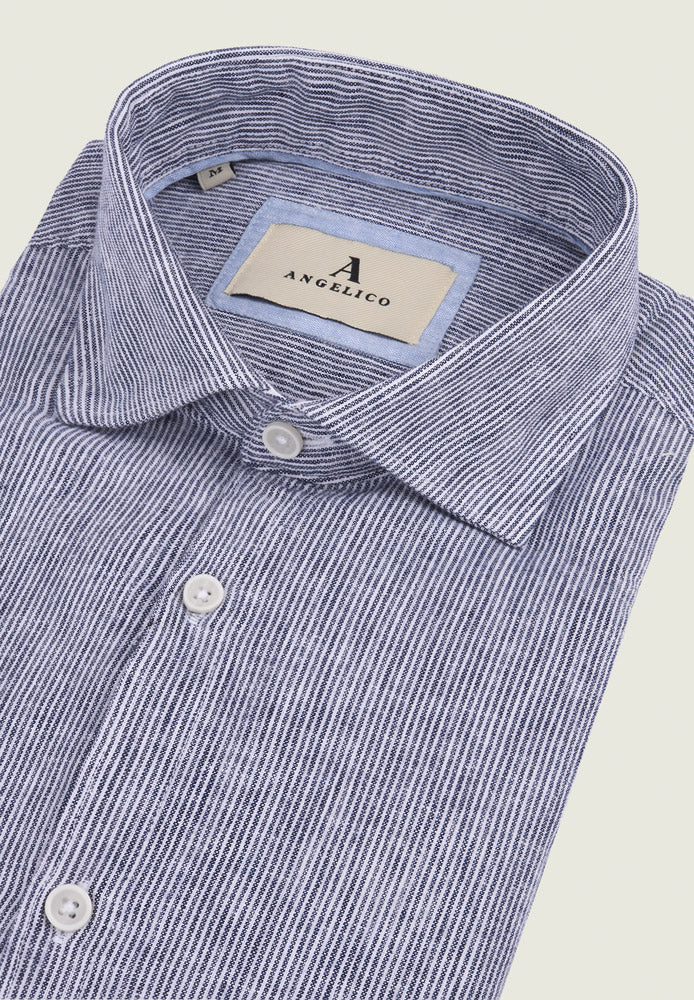 Camicia bianco blu misto lino millerighe slim fit