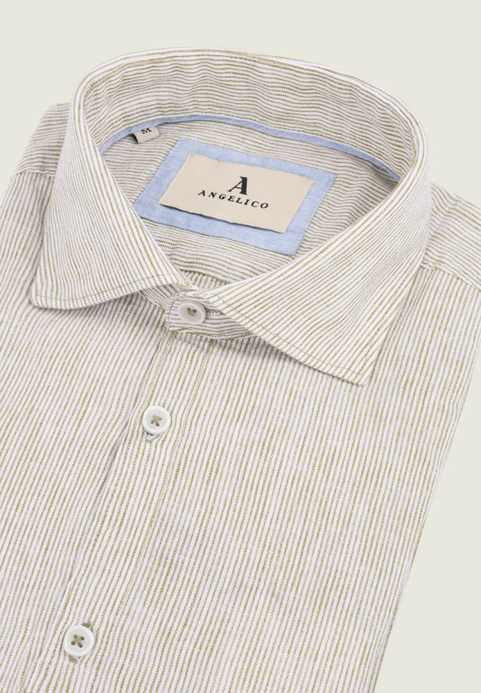 Camicia bianco verde misto lino millerighe slim fit