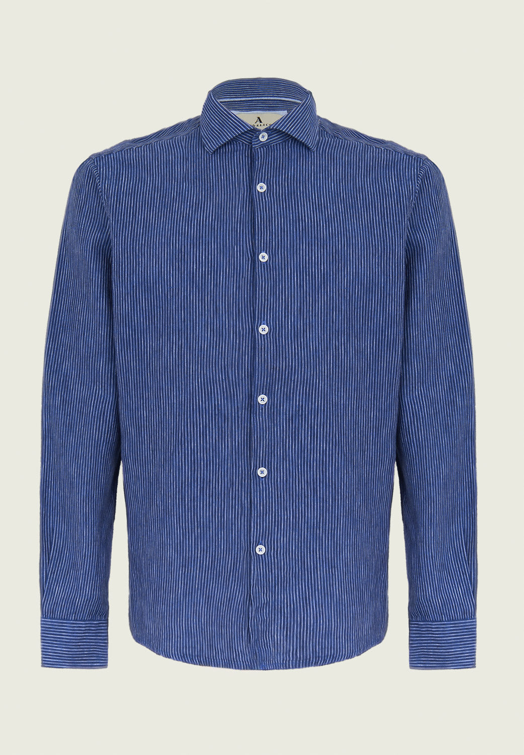 Blue white linen blend slim fit striped shirt