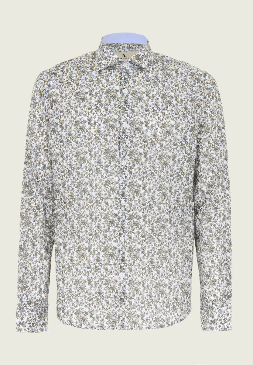 White Green Floral Muslin Cotton Slim Fit Shirt