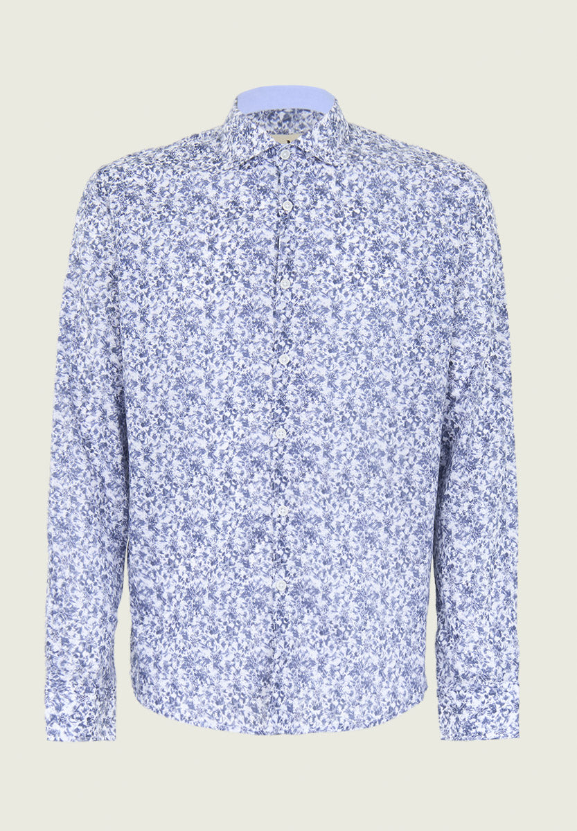 White Blue Floral Muslin Cotton Slim Fit Shirt