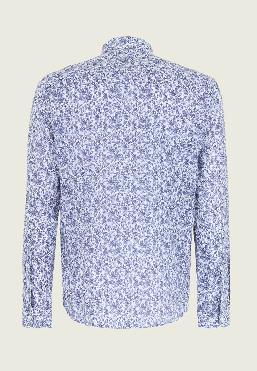 White Blue Floral Muslin Cotton Slim Fit Shirt