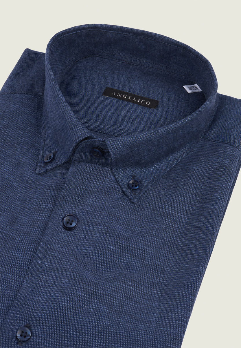 Blue shirt short sleeve linen blend regular fit