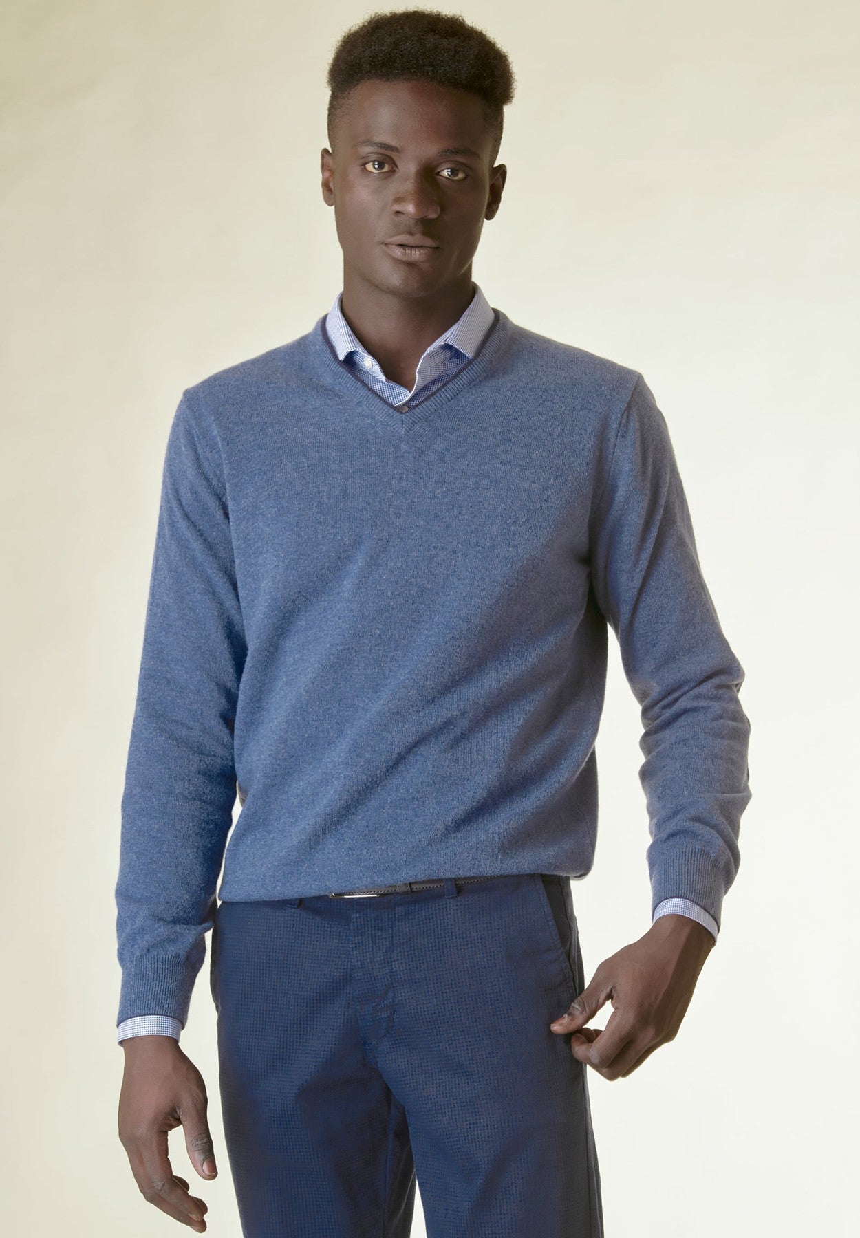 Scollo V denim toppa maniche lana-cashmere Angelico 1