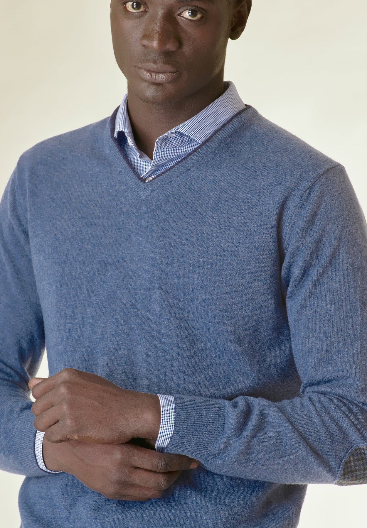 Maglia v denim toppa maniche lana-cashmere