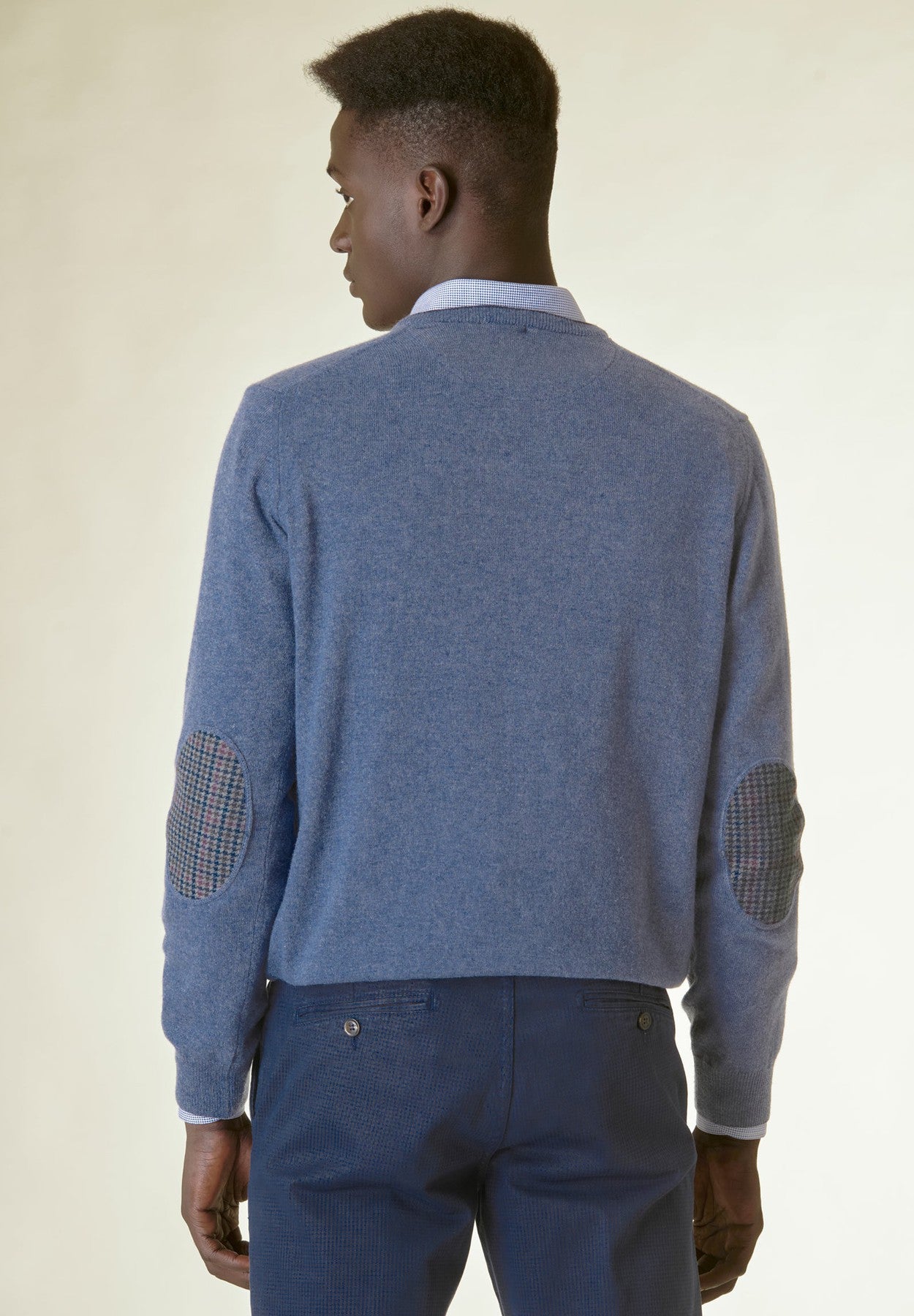 Maglia v denim toppa maniche lana-cashmere