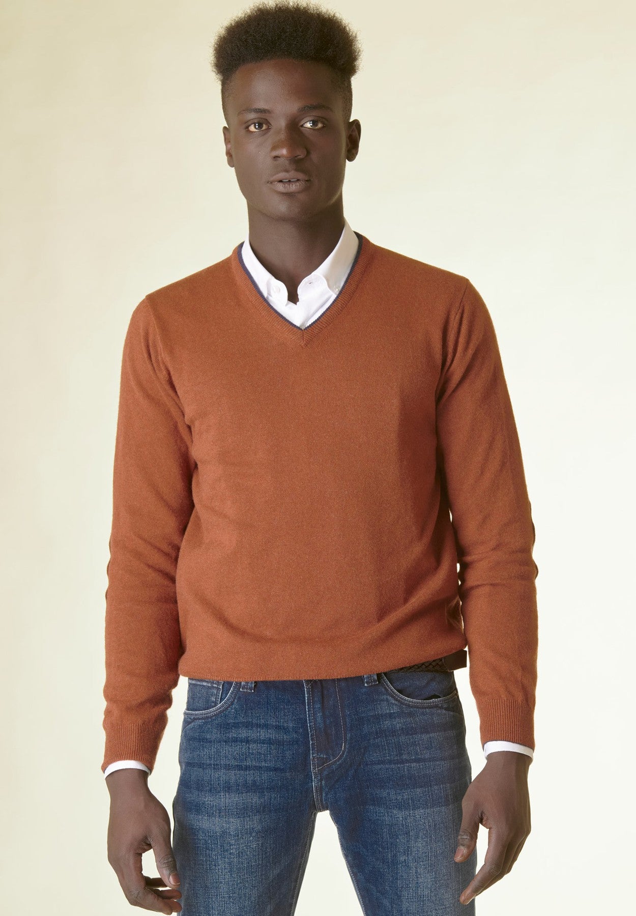 V-neck brick wool-cashmere sleeve patches Angelico 1