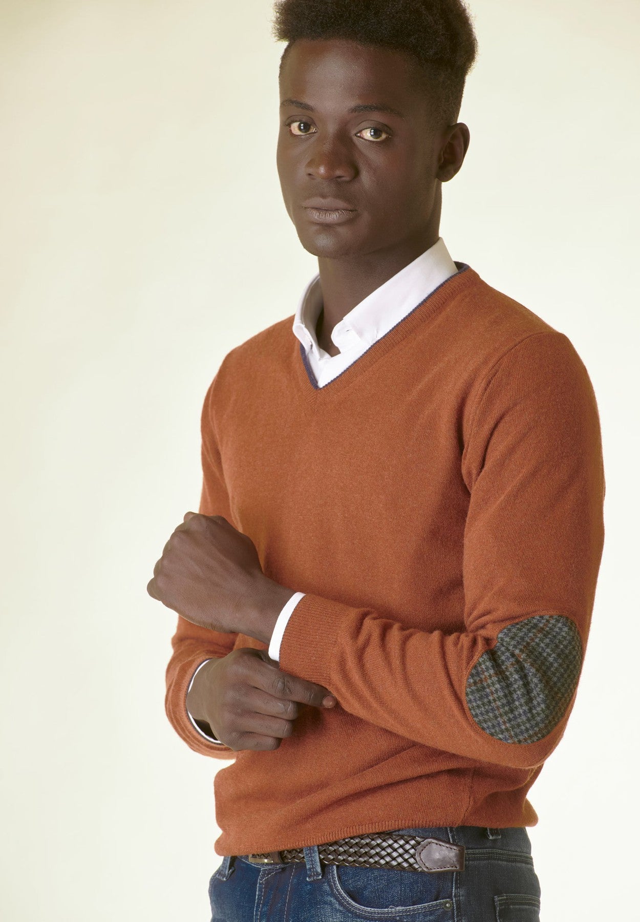 V-neck brick wool-cashmere sleeve patches Angelico 2