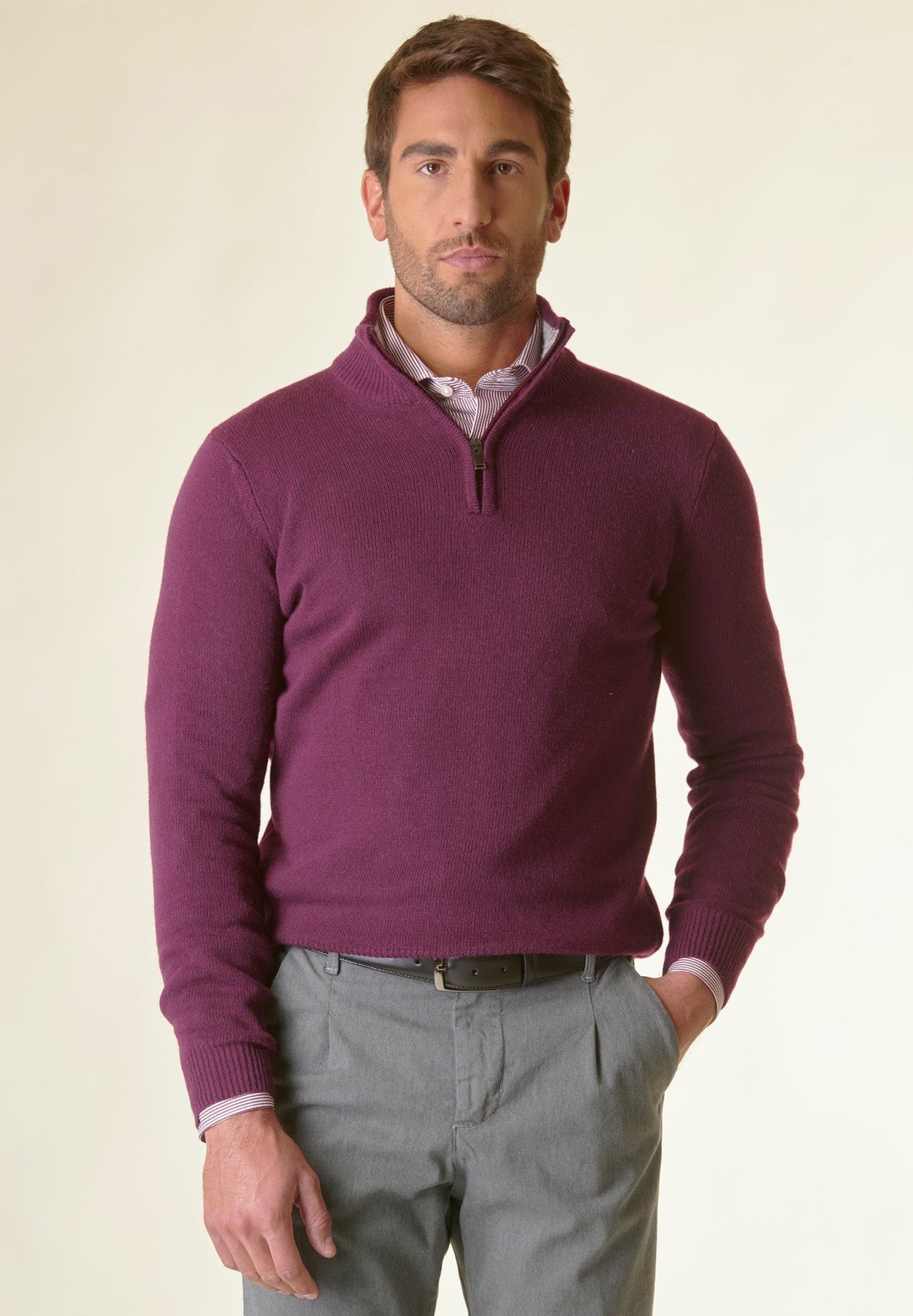 Aubergine zipped mock-neck wool-cashmere blend