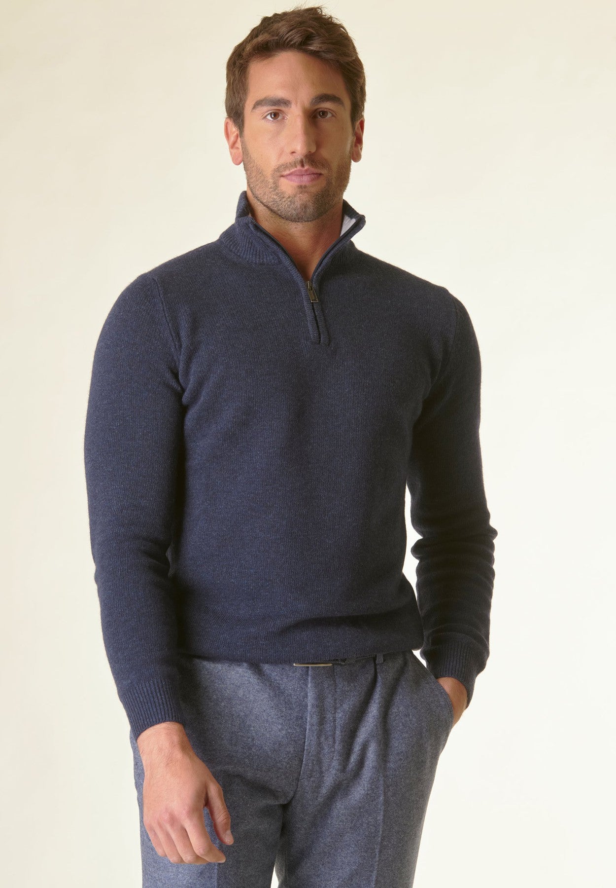 Lupetto zip blu scuro mano-cashmere
