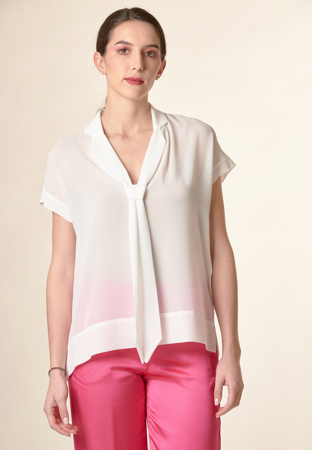 Blusa bianca cravattino manica aletta tulle-Angelico