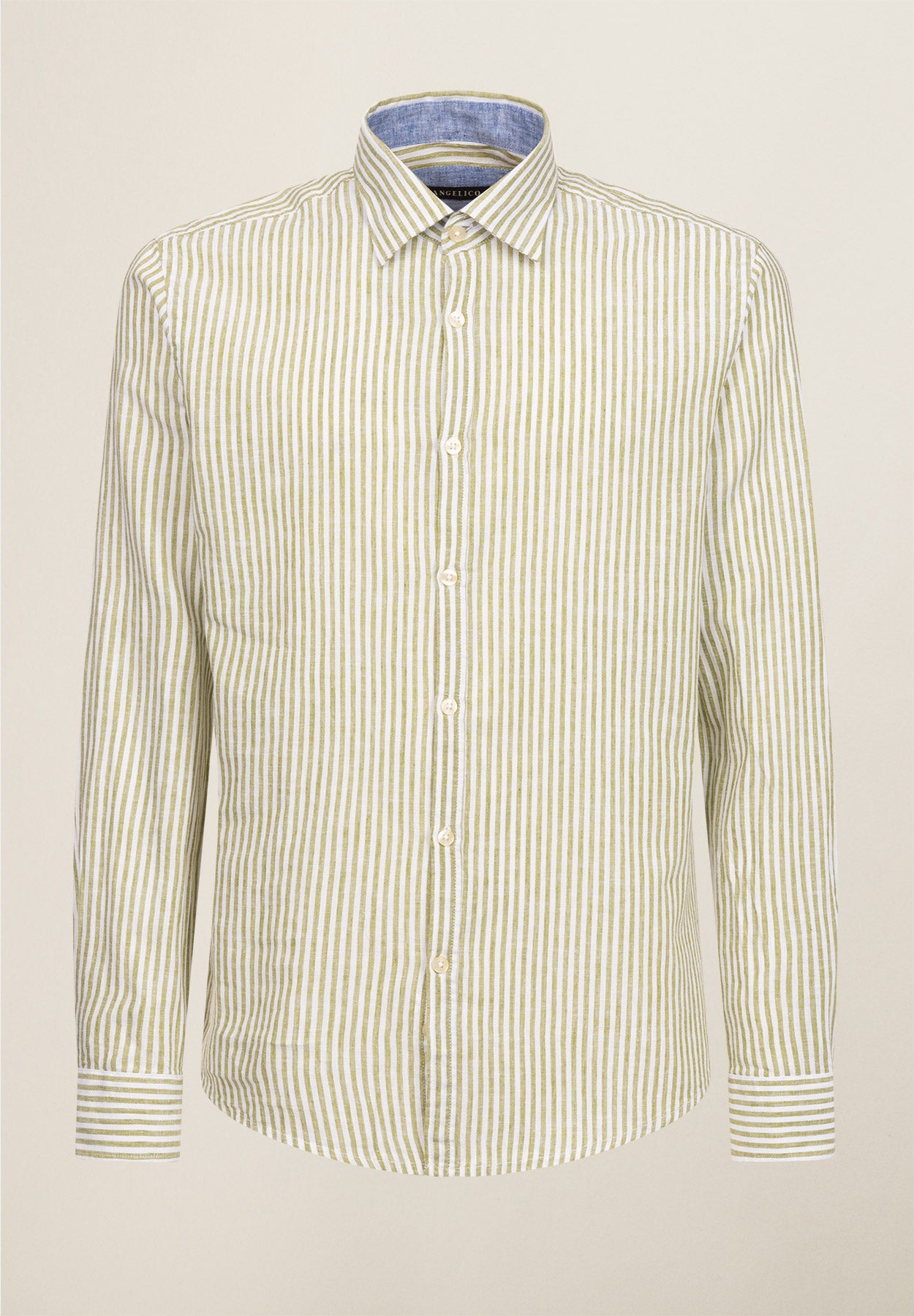Camicia bianco verde bacchettina misto lino slim fit-Angelico