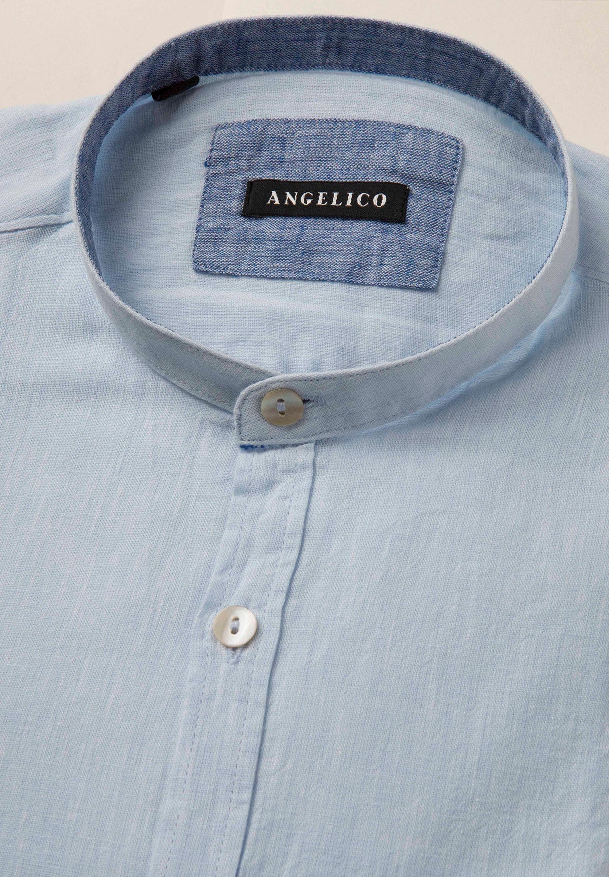 Camicia azzurra collo coreano cotone-lino slim fit-Angelico