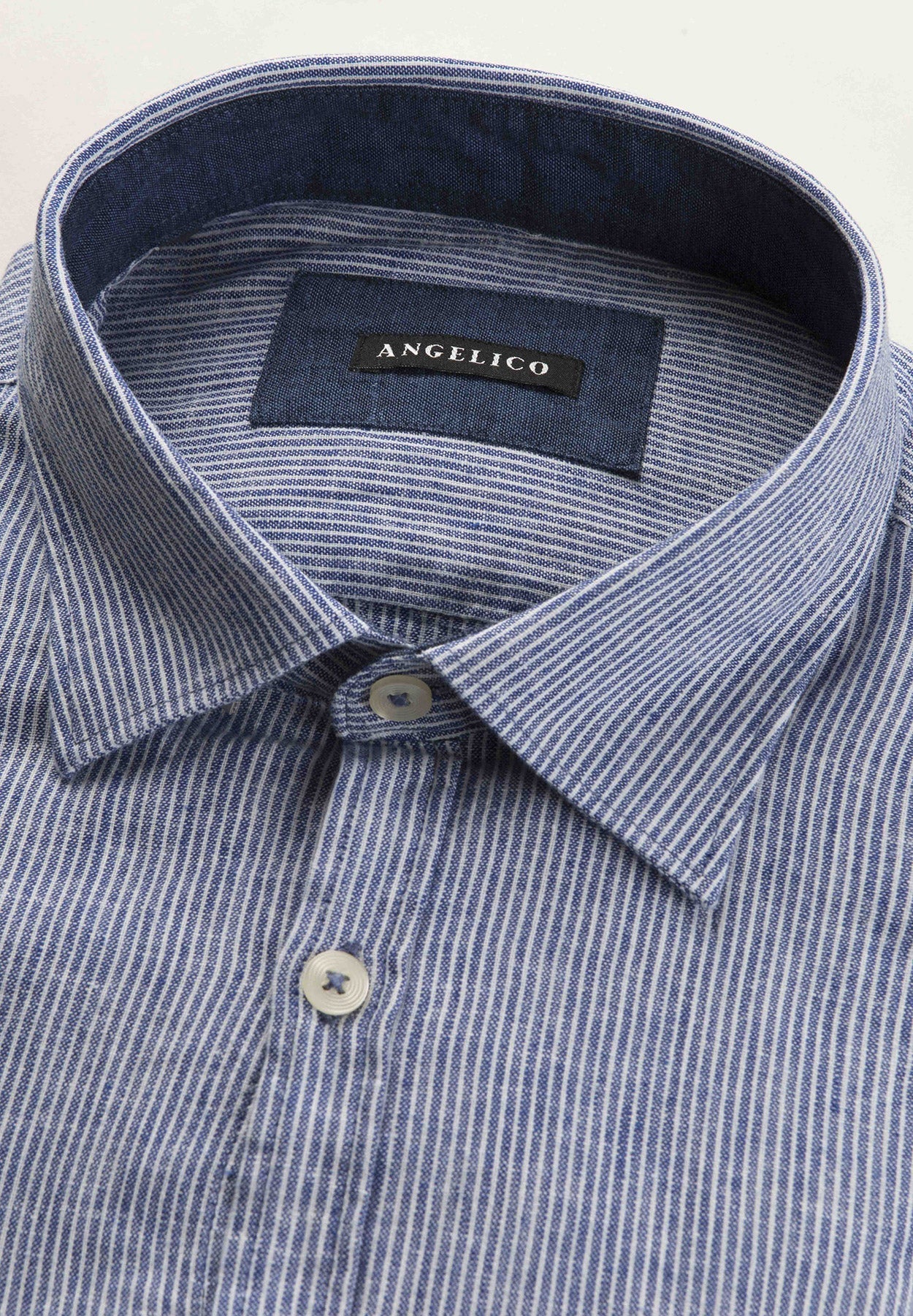 Camicia bianco blu bacchettina misto lino slim fit-Angelico