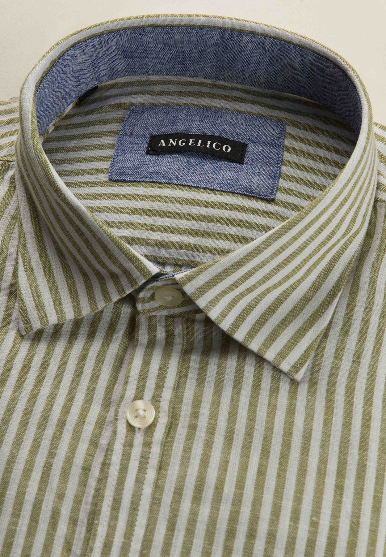 Camicia bianco verde bacchettina misto lino slim fit-Angelico