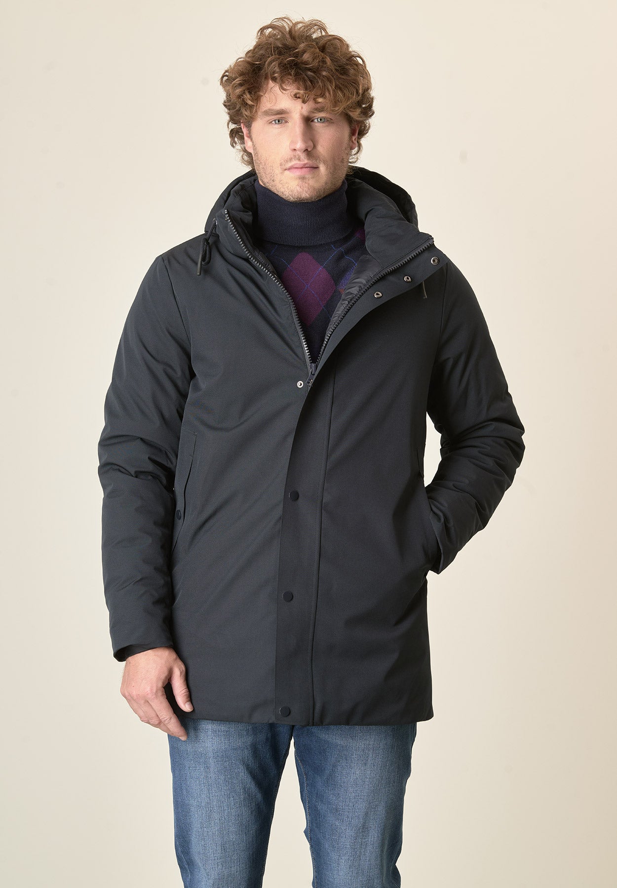 Giaccone blu tessuto tecnico cappuccio staccabile-Angelico