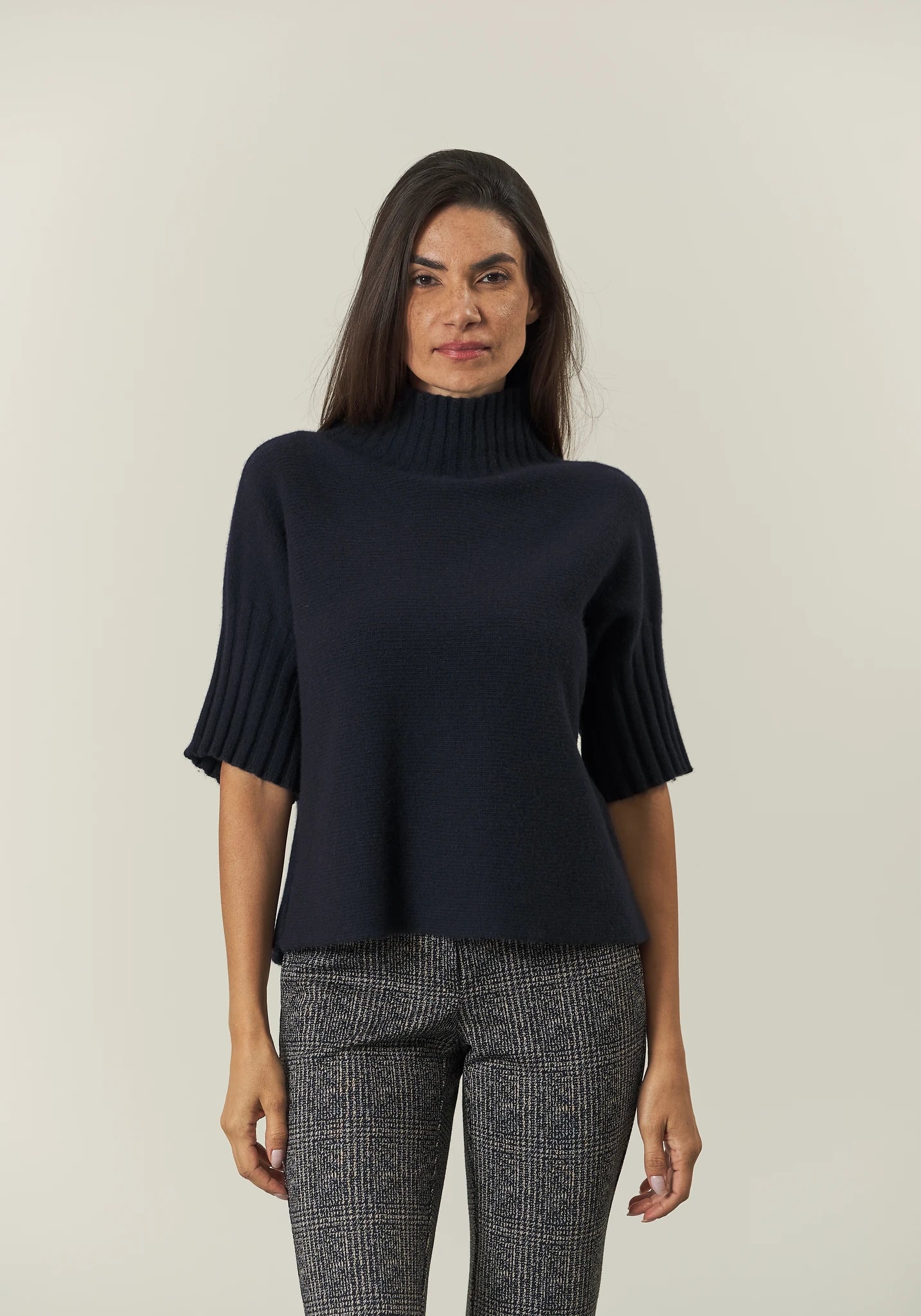 Lupetto blu manica 3/4 misto cashmere