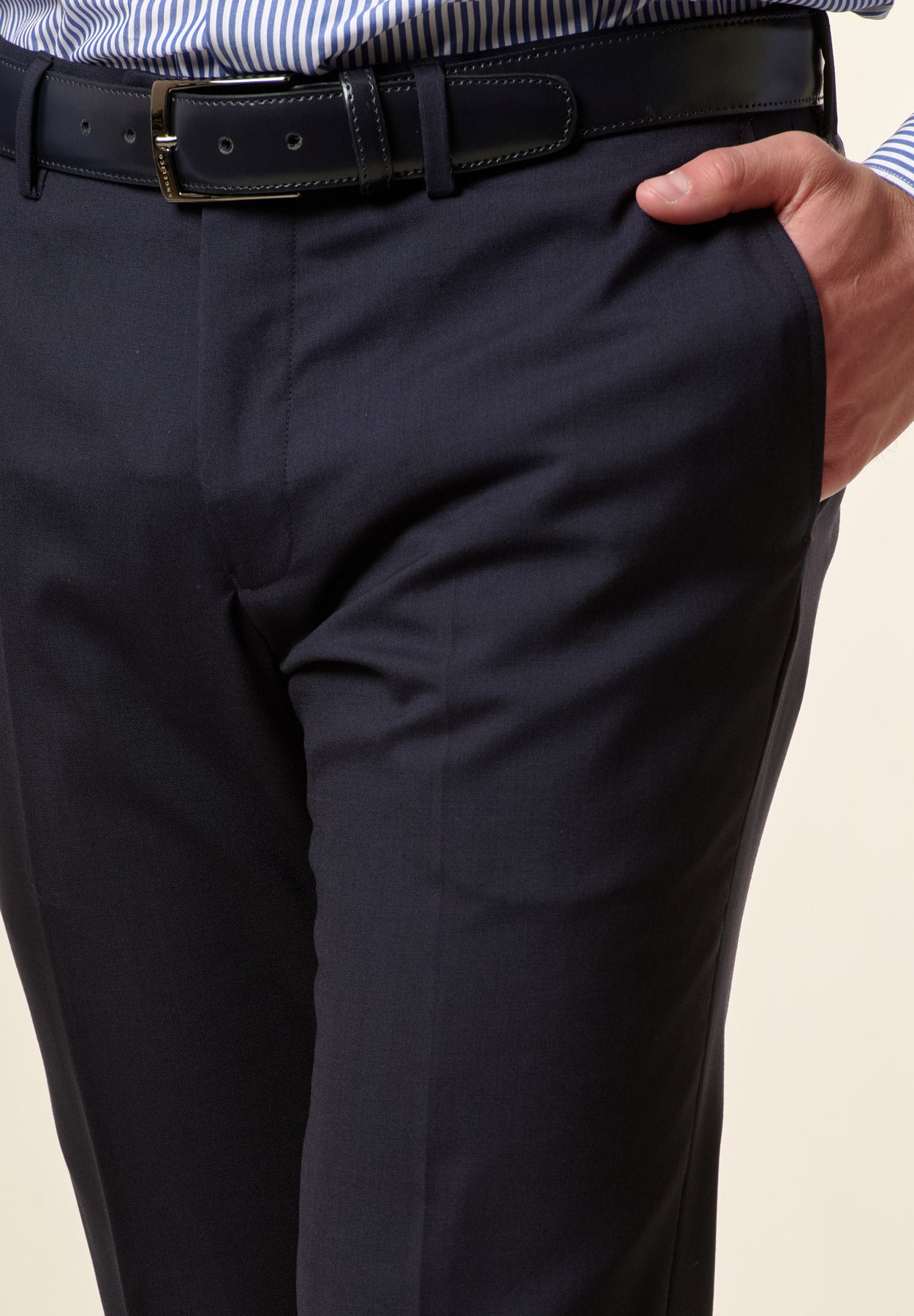 Pantalone blu tela lana stretch custom fit-Angelico