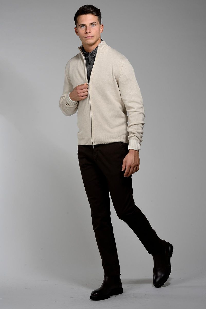 Cardigan zip naturale mano cachemire