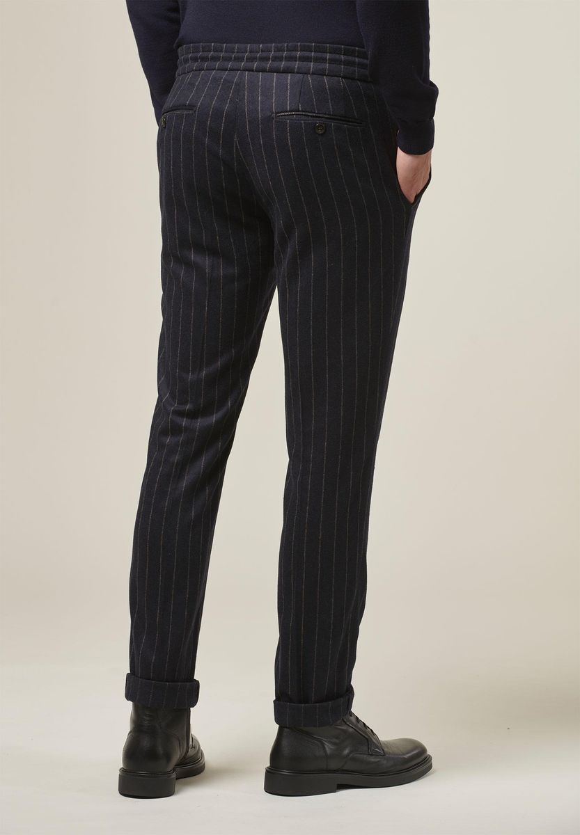 Pantalone blu gessato lana coulisse slim
