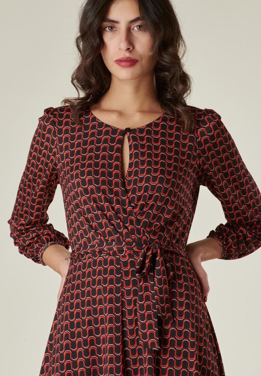 Abito fantasia nero-arancio midi
