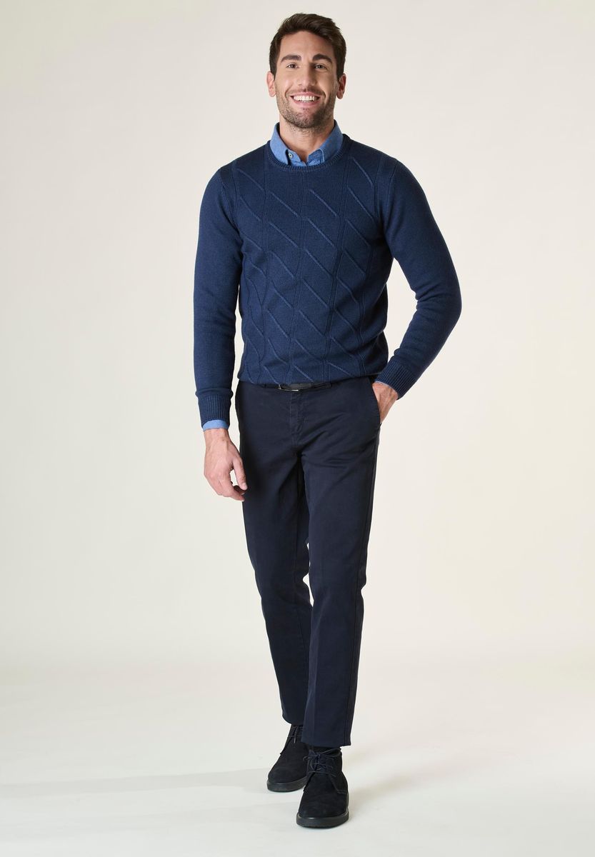 Girocollo blu treccia merino fast dyed