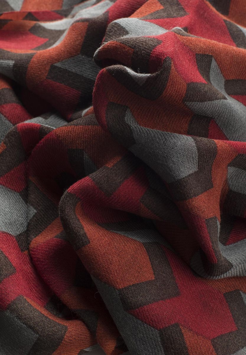 Sciarpa rosso-grigia fantasia geometrica lana