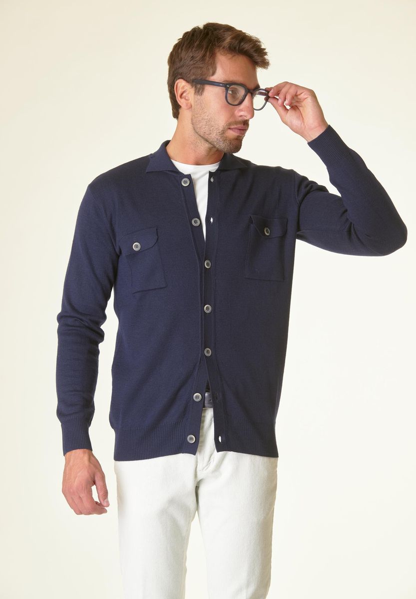 Giacca blu maglia con taschini