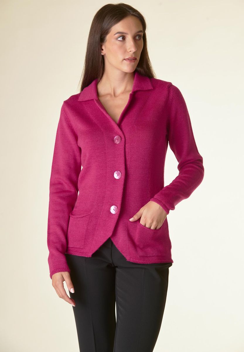 Cardigan fucsia 3 bottoni merino Lana-Gatto-Angelico
