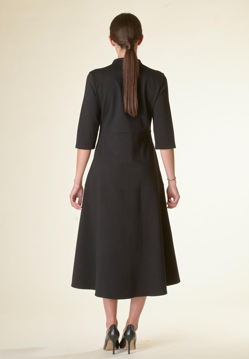 Vestito nero v midi svasato con cintura-Angelico