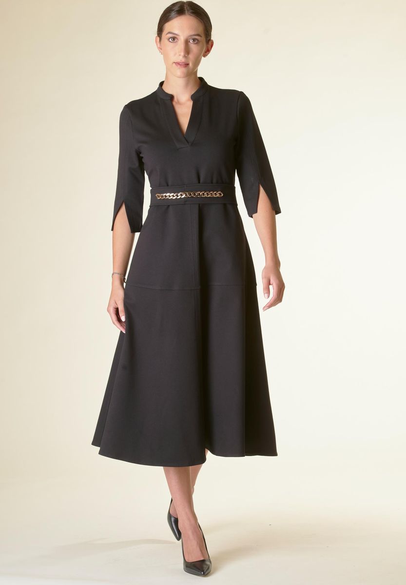 Vestito nero v midi svasato con cintura-Angelico