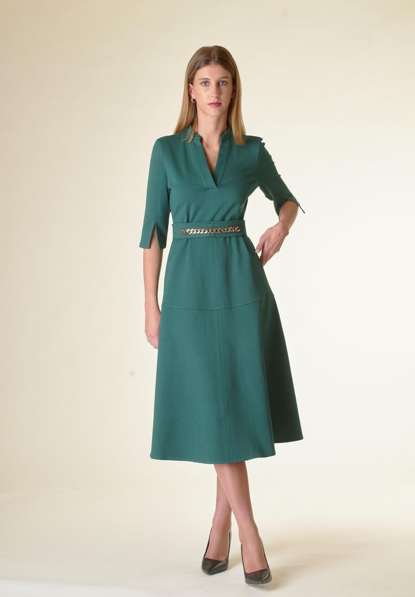 Vestito verde v midi svasato con cintura-Angelico