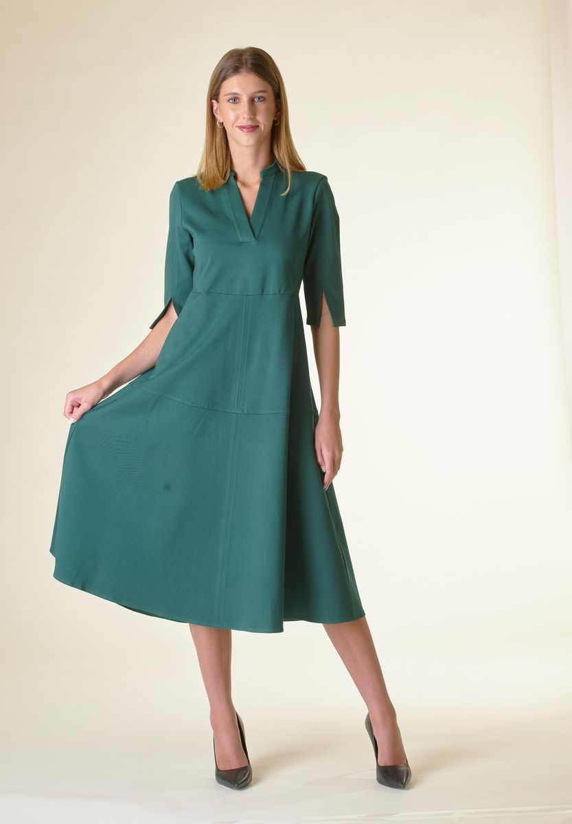 Vestito verde v midi svasato con cintura-Angelico