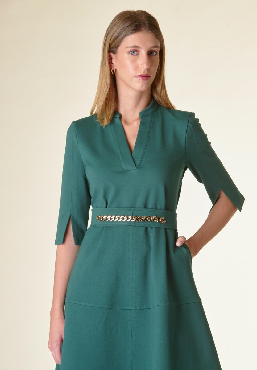 Vestito verde v midi svasato con cintura-Angelico